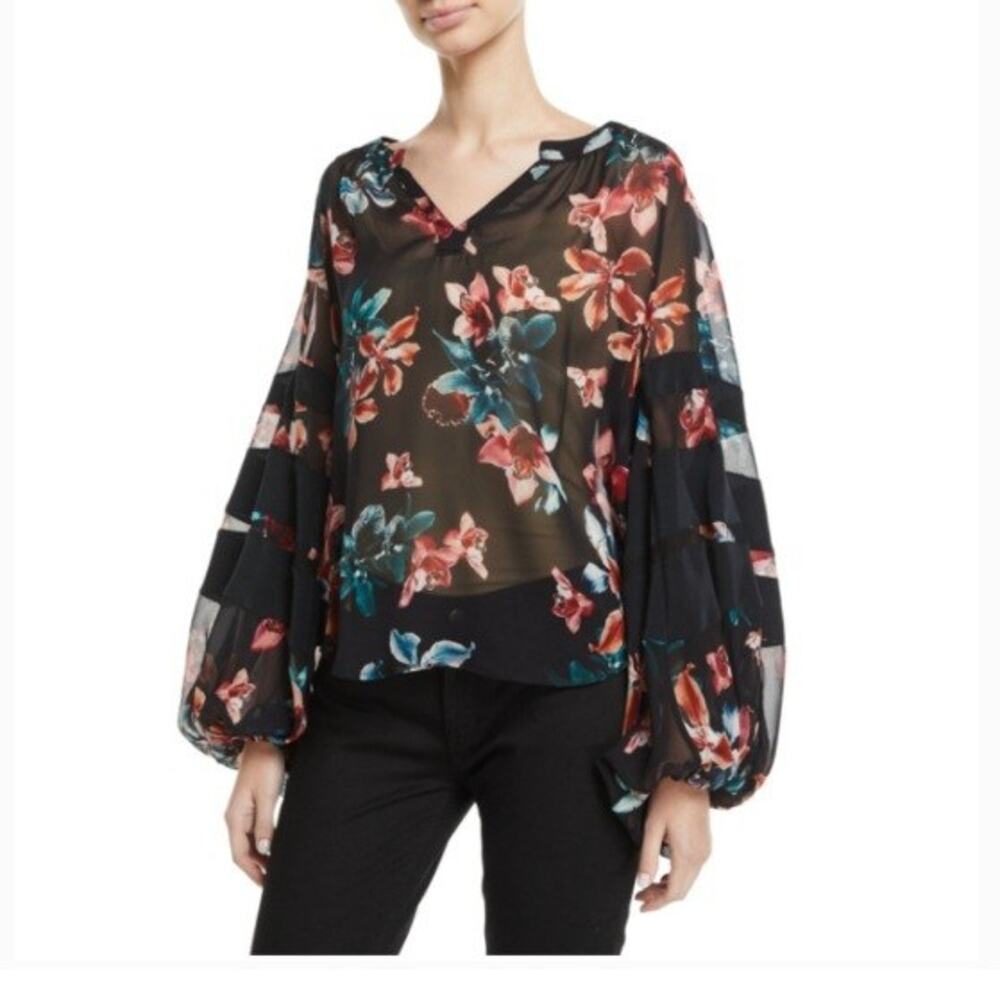 7 For All Mankind Sz XS 100% Silk Black Paneled Floral Blouse Top Glam